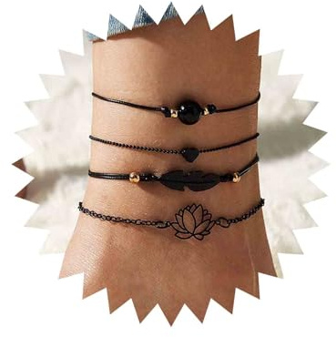 Inateannal 4 pulseras tobilleras para mujer Pulsera negra de hojas con cordón trenzado Cadena tobillera hueca de corazón Joyas de verano para pies de chicas adolescentes