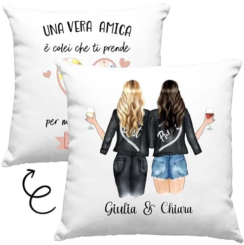 Vulfire Cuscino Personalizzabile Amiche - Nome, Capelli, Pantaloni, Giacca e molto altro da Personalizzare - Idea Regalo per Amici Compleanno, Natale - con Imbottitura (Bianco)