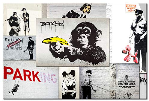 decomonkey - Tableau Acoustique Banksy Street Art 120x80 1 Pièce - Impression sur Toile Décoration Maison Isolation Phonique Déco Bureau Graffiti artistique de banksy, fresque urbaine, animaux