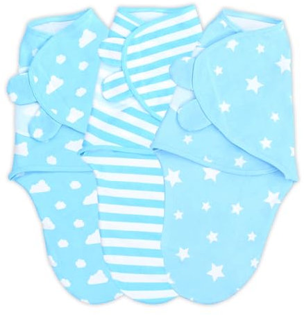 Pucksack Baby 0-3 Monate Set - Pucktuch Swaddle Blanket Puckdecke Strampelsack aus Baumwolle 3 Stück Wolken Blau