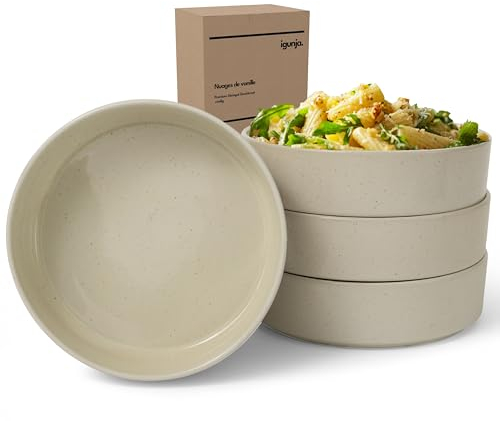 igunja Bowl Schüssel Pastateller Gr. XL Premium Steingut Geschirr Set Beige [4 teilig-groß-1L Vol.] 100% Handfertigung Müslischale Ramen Schüssel Smoothie Bowl Suppenschüssel außen matt innen Glossy