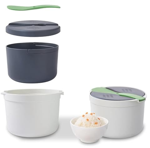 KISABAER Cuiseur à riz micro-ondes, cuiseur vapeur 2 L avec cuillère à riz, cuiseur à pâtes avec passoire, passe au lave-vaisselle, cuiseur vapeur micro-ondes pour pâtes, pommes de terre, légumes (A)