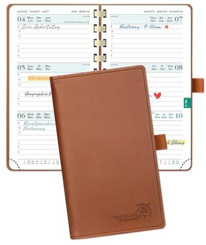 POPRUN Taschenkalender 2025 2026 Klein 16,5 x 9 cm (Aug.2025-Dez.2026) - Kalender 2025 2026 Klein Ringbuch mit Softcover - Terminplaner, Planer 1 Woche 2 Seite mit Kartenschlitz - Braun