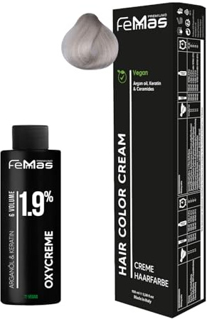 Femmas Haarfarbe Set Extra Platinblond Perl Asch 12.81 I Hair Color Cream 100ml + Oxycreme 100ml 1.9% I Permanente Haar-Coloration + Entwickler I Schonend & langanhaltend I Salon-Haarfarbe für Zuhause