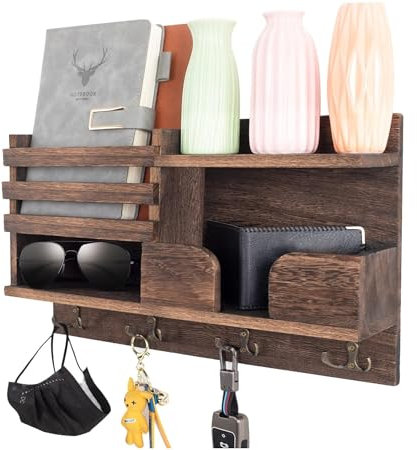 CAIHONG Key Holder for Wall, Wooden Organizer Wall Mount with 4 Double Hooks and Wallet Holder, Sunglasses and Mail Storage Rack for Entryway or Mudroom - Brown