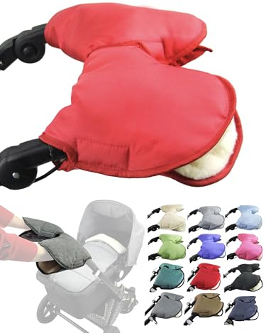 Muff handske [Handvärmare för barnvagn] handmuff buggy med lammull vattentät vindtät universell storlek för barnvagnar buggy hjulvagn 2-delad (unii röd)