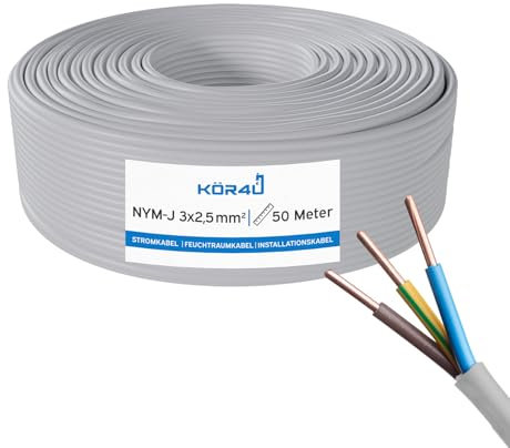 kör4u NYM-J 3 x 2,5 mm² - 50 m, cavo di installazione, cavo di alimentazione per installazione elettrica, cavo per ambienti umidi, DIN VDE 0250-204