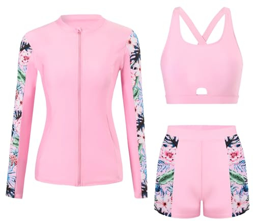 Ausing Rashguard-set för dam rashguard wakeboard-set strandsurftröja med tankini + shorts S-XXL, rosa, XL