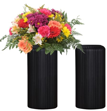 Fyfjur Jarrón para flores, 2 jarrones de plástico para flores, a rayas, modernos, duraderos, color negro, para sala de estar, oficina, decoración de boda (20 x 10 cm)