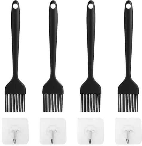 Juego de 4 pinceles de silicona para hornear con 4 ganchos transparentes para repostería, pan, pasteles, verduras, carne (negro)
