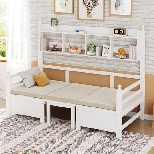 Oxtao Divano letto multifunzionale in legno massello 90 x 200 cm, 2 in 1 per letto e scrivania, liberamente trasformabile, con libreria per conservazione, con comodo cuscino, letto per gli ospiti
