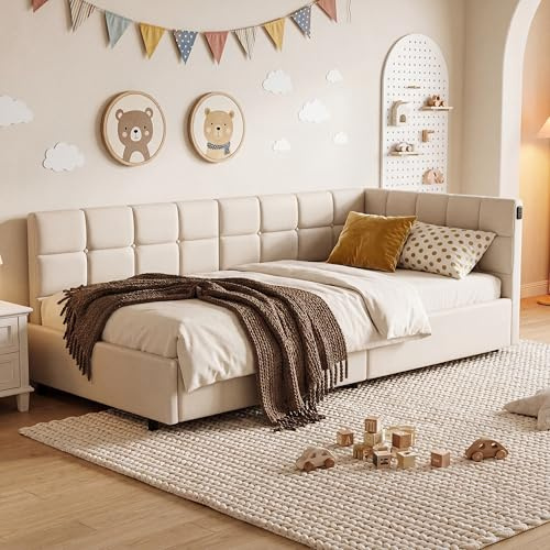 Cama individual de 90x200 cm con espacio de almacenamiento,cama con LED,Cama de esquina de boxspring cama tapizada con espacio de almacenamiento hidráulico,marco de cama con somier de madera (Beige A