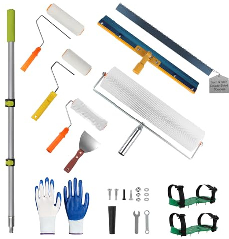 EXLECO 13pcs Kit de Herramientas de Autonivelación Microcemento, Pertiga Telescopica, Rodillo de Púas Autonivelante, 3&5CM Doble Cara Rascador Acero Inoxidable, Pincel, Zapatos con Pinchos, Raspador