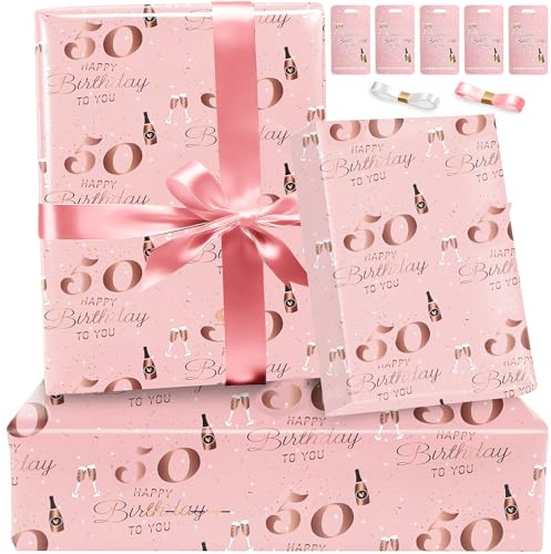 50th Birthday Wrapping Paper Set and Ribbon Tag,Luxury Gift Wrap Birthday Paper for Women Female Ladies,Recyclable Eco Gift Wrapping Paper Elegant Present Paper for Birhtday Gift,Rose Gold