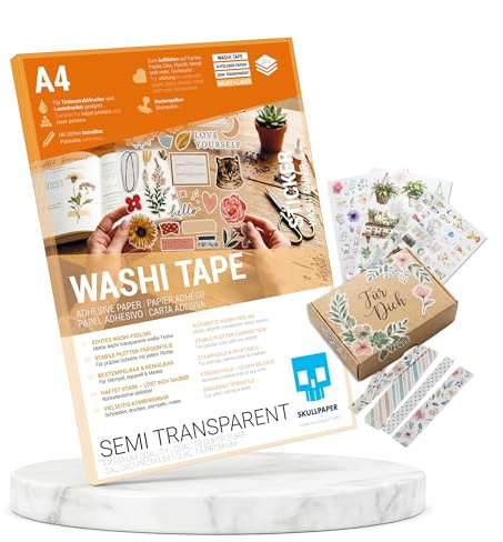 SKULLPAPER® Washi Tape A4 – 20 fogli stampabili | inkjet e laser | adatto al plotter | timbrabile e dipinta | autoadesivo | scrapbooking Journaling fai da te