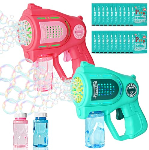 Sparabolle di Sapone LED, 2 Pezzi Pistola a Bolle per Bambini, Pistola Bolle di Sapone, Macchina Automatica per Bolle, 20 Confezioni di Liquido per Bolle, per Festa, Spiaggia, Compleanno, Matrimoni