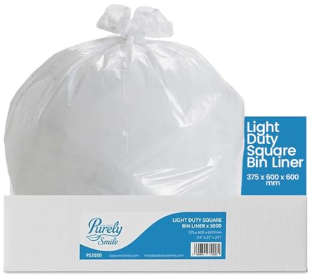 Blake & White Standard Square Bin Liners - Purely Smile Light Duty White Bin Bags with 10kg Capacity - Durable & Tear-Resistant 600mm Rubbish Bags for Paper & Light Waste - Box of 1000 (PS3030)
