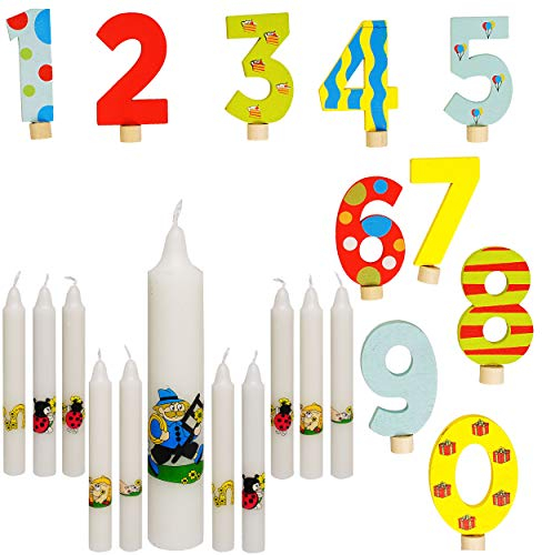 alles-meine.de GmbH Holz - 10 Stück - Geburtstagszahlen + 10 Stück - Geburtstagskerzen + 1 Lebenslicht - Zahlen von 0 bis 9 - Zahlenstecker - für Geburtstagsring/Geburtstagszug..