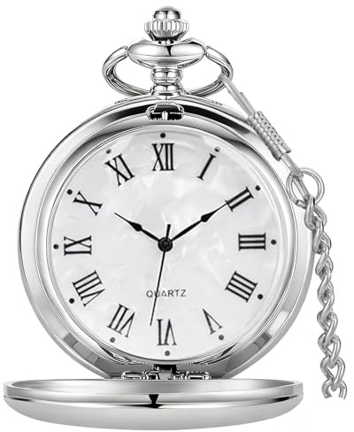Tiong Classic Smooth Steel Quartz Pocket Watch with Chain Roman Numerals Men Women Pocket Watches Pendant Fathers Day Birthday Gift