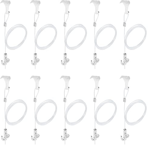 Sistema per appendere quadri regolabile con gancio a vite laterale, 2 m, filo trasparente invisibile, carico massimo 15 kg, kit di ganci bianchi per cornice (trasparente, confezione da 10 pezzi)