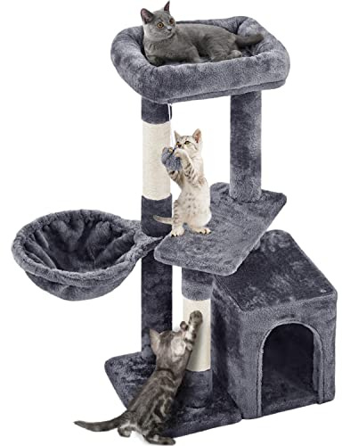 Yaheetech Árbol Rascador para Gatos con Poste Cesta Cuerda de Agarre 50x34.5x87 cm Castillo Torre para Gatos Gris Oscuro