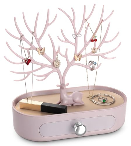 penobon Arbre Porte Bijoux avec Tiroirs, Support Présentoir à Bijoux pour Boucles D'oreilles, Colliers, Bracelets et Bagues, Plastiques, Poignée Plaquée Argent