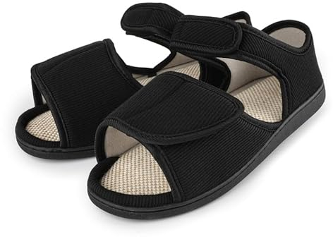 TIESTRA Diabetiker Sandalen Herren Weit Offene orthopädische Verstellbare Gesundheitsschuhe Memory Foam Sohle Ödeme Schuhe Herren, Schwarz UK10/EU44
