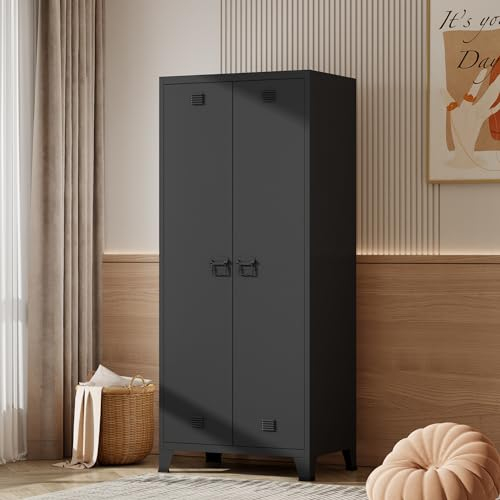 [en.casa] Kleiderschrank Hankasalmi 2-türig mit Kleiderstange Schlafzimmerschrank Metall Schwarz Garderobenschrank mit 3 Ablagen 180 x 90 x 40 cm