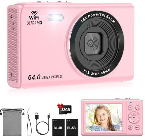 SOPPY Fotocamera digitale UHD 4K con trasferimento WiFi, fotocamera Vlogging da 64 MP con scheda SD da 32 G, schermo LCD da 2,8 pollici, fotocamera compatta con zoom digitale 16x, mini fotocamera per