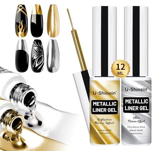 U-Shinein 2x12ml Metallic Painting Nail Gel Liner, Gold & Super Silver Metal Painted Drawing Gel, Strong Mirror Reflection Nail Art Paint, Nail Liner Gel, UV Nail Gel with Build in Thin Brush