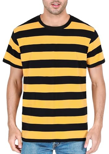 COSAVOROCK Hommes T-Shirts en Coton à Larges Rayures Col Ras du Cou Top Basique Décontracté