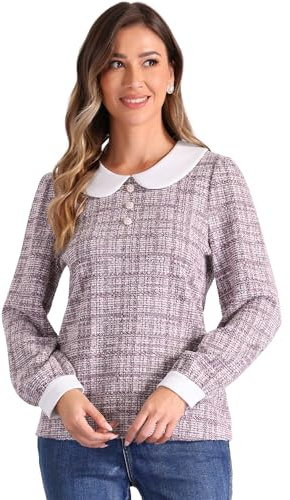 Allegra K Haut en Tweed Femme à Col Claudine Chemisier Vintage avec Boutons Décoratifs Manches Longues Bouffantes Blouse à Carreaux Rose L