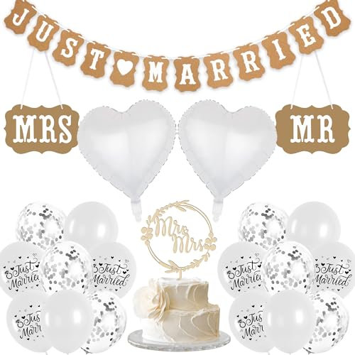 Just Married Wedding Party Decorations - Anniversary Party Supplies Includes Banners Cake Topper Mr and Mrs Kraft Paper Hanging Heart Foil Balloons for Engagement Bridal Shower Decor