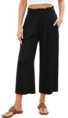 Roskiky Pantalones capri para mujer, cintura alta, pierna ancha, de lino, pantalones palazzo elásticos, cintura holgada, Negro , XXL