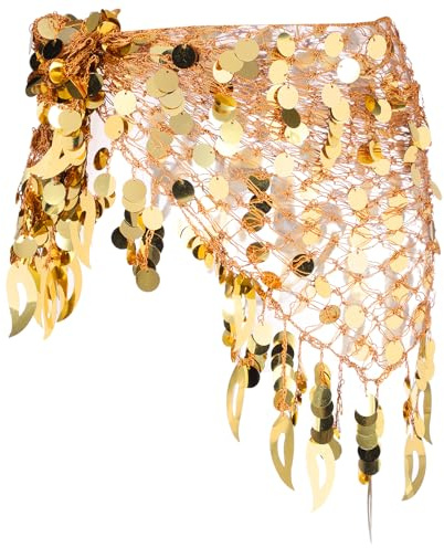 sourcing map Women's Belly Dance Hip Scarf with Sequins Mesh Triangle Wrap Skirts Waist Chain for Music Festival Party Costume Performance(Gold Tone)