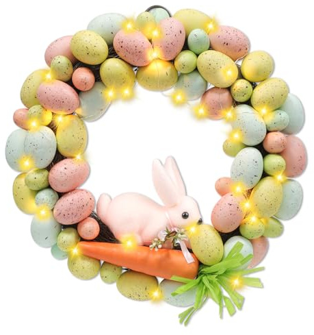 RumonZS Corona de Pascua de 42 cm para Puerta de Entrada, Estilo Granja Colorida Corona de Huevos con Ramas Naturales Zanahoria y un Bonito Conejo Rosa Corona de Primavera para Pared Ventana Porche