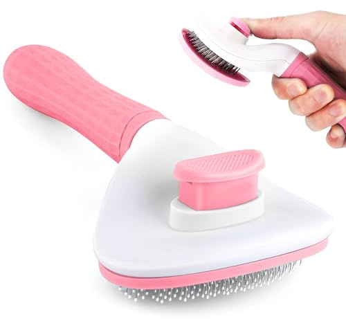 Qaestuan Cepillo para Perros y Gatos, Cepillo Quitapelos Mascotas, Ergonómico Cepillos Perros, Pelo Limpio Mascotas con un Botón, para Gatos, Conejos de Pelo Corto y Largo (Rosa)