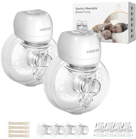 KISSBOBO Electric Breast Pump, Plainless Hands Free Wearable Breast Pump, 3 Modes & 9 Levels with LCD Display, Low Noise Rechargeable Wireless Portable with 21mm/24mm Flanges (White 2 Pieces)