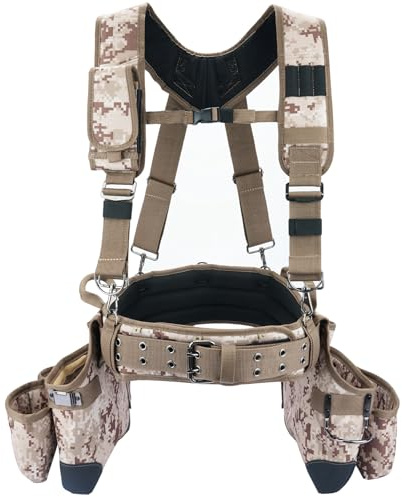 MELOTOUGH Camo Tool Belt with Suspenders Camouflage Tool Pouch Supenders Framers Combo Apron Tool Belt Construction Tool Bag Suspenders Heavy Duty Carpenter Suspension Rig for Electrician(Kahki Camo)