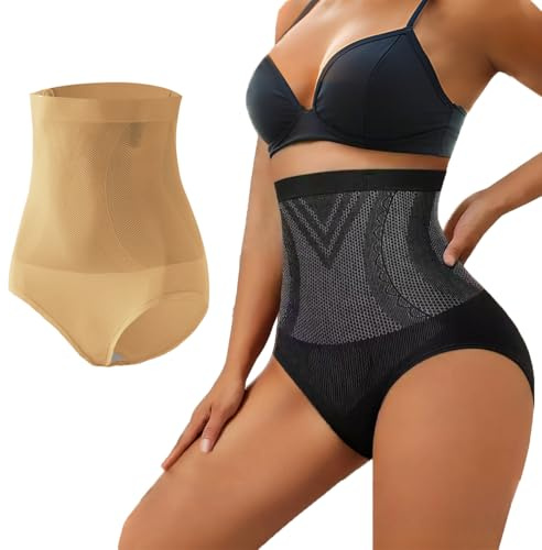 2XK-NOV Culotte Gainante, Gaine Ventre Plat Taille Haute, Noir + Beige | Gaine Confortable et Efficace, Culotte Gainante Amincissante, Slip Femme
