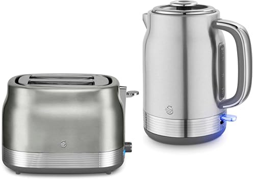 Swan Retro Revive Stainless Steel 1.7L 3KW Jug Kettle & 2 Slice Toaster. Matching Retro Design Kettle & Toaster Set in Silver with Chrome Accents