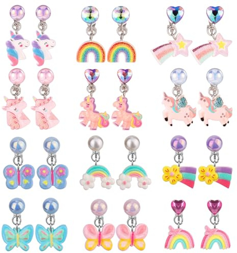CHUANFU 12 Paires Boucle D'oreille Clip Fille Enfants, Clips Oreilles Non Percées, Mignon Arc-En-Ciel Papillon Lot Boucles D'oreilles Femme, Bijoux Enfants Fille pour Cadeaux d'Anniversaire