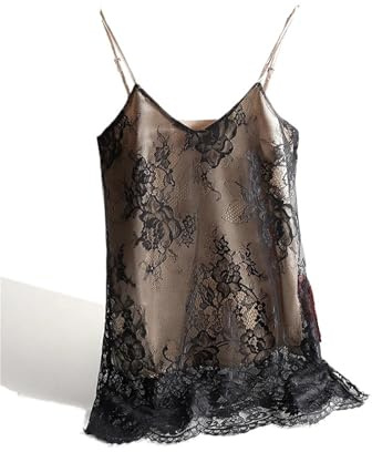 Camiseta Tirantes Mujer Top Sexy de Encaje con Tirantes Finos for Mujer, Cuello en V, Camisola básica sin Mangas satén Seda, Verano Talla Grande(L)