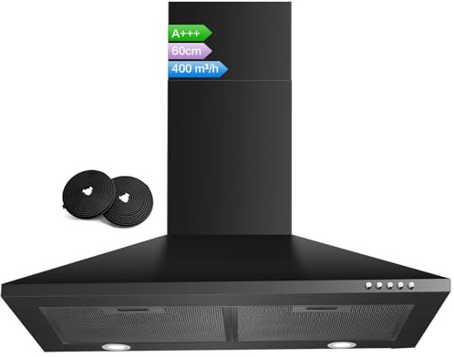 SNDOAS A+++ Hotte Aspirante 60cm, 400m³/h Hotte Cuisine Silencieuse, Filtre à Charbon Inclus, Recyclage & Evacuation, 3 Vitesses Hotte Murale, Éclairage LED, Noir
