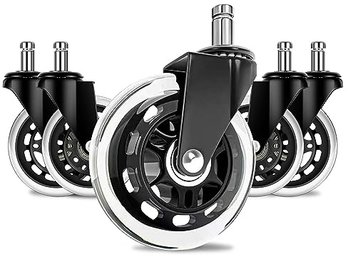 Office Chair Wheels Replacement, PU Silent Glide Casters 5PCS, 3INCH Diameter Universal Fit for Gaming Chairs, TV Rack, Large Loudspeaker Box, Camera Moving Frame, Non Marking Floo