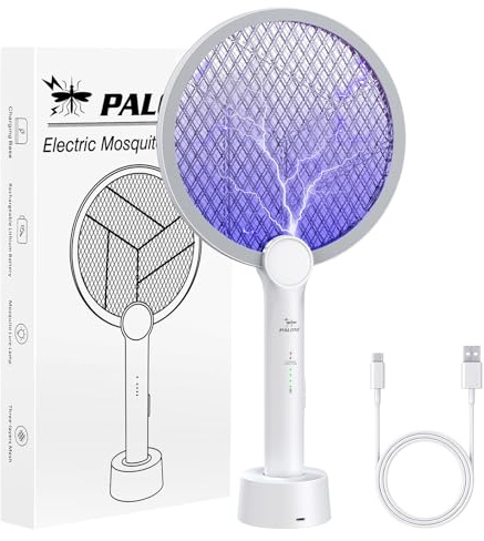 PALONE Electric Fly Swatter 4000V, 2 in 1 Bug Zapper Racket Indoor Outdoor Mosquito Killer with 3-Layer Safety Mesh, Fly Zapper Racket with USB Rechargeable Base for Pest Insect Control, 1 Pack