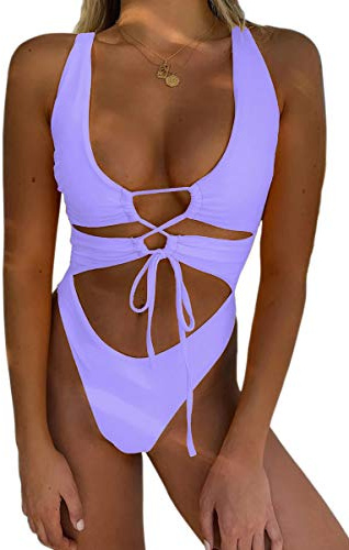 CHYRII Women's Sexy Cutout Lace Up Backless High Cut One Piece Bathing Suit Monokini Lavender M