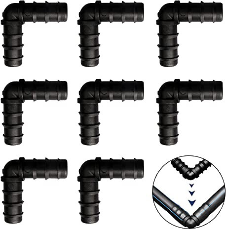 8 Pcs 13mm(1/2 Inch) Garden Barbed Connector, Plastic 90° Elbows Pipe Hose Drip Irrigation Connector Parts Irrigation Fittings Kit for Water Pipe Joints Watering System
