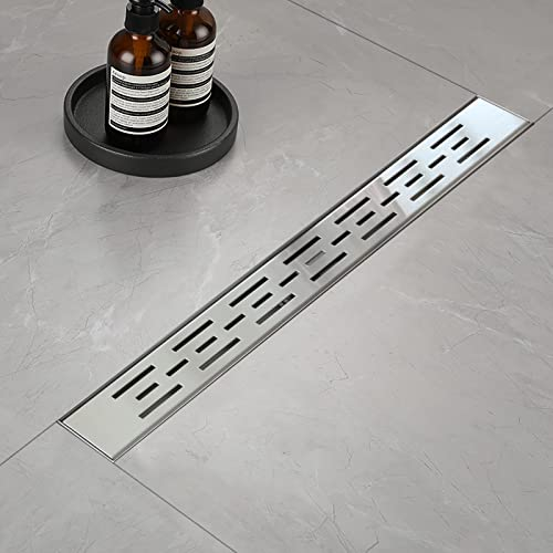 Duschrinne, Strips Duschrinne extra flach 90 cm, Edelstahl Bodenablauf Komplettset mit Siphon Haarsieb…