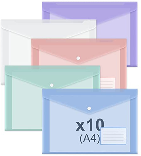 NEBURORA 10 Pack Plastic Envelopes Folders, Clear Plastic Folders with Snap, A4 File Folder with Label Pocket, for School Home Work Office, 5 Colors, A4 Size